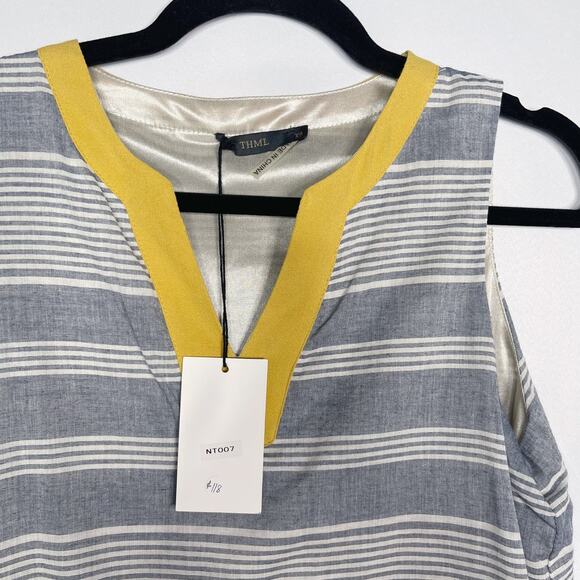 New THML XSmall XS Blue Yellow Striped Sleeveless Shift Dress Split VNeck Cotton - Picture 5 of 9